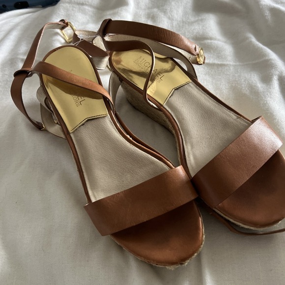 Michael Kors Poesy Espadrille Wedge Sandal Womens 8M Brown Ankle Strap Leather - Picture 1 of 4